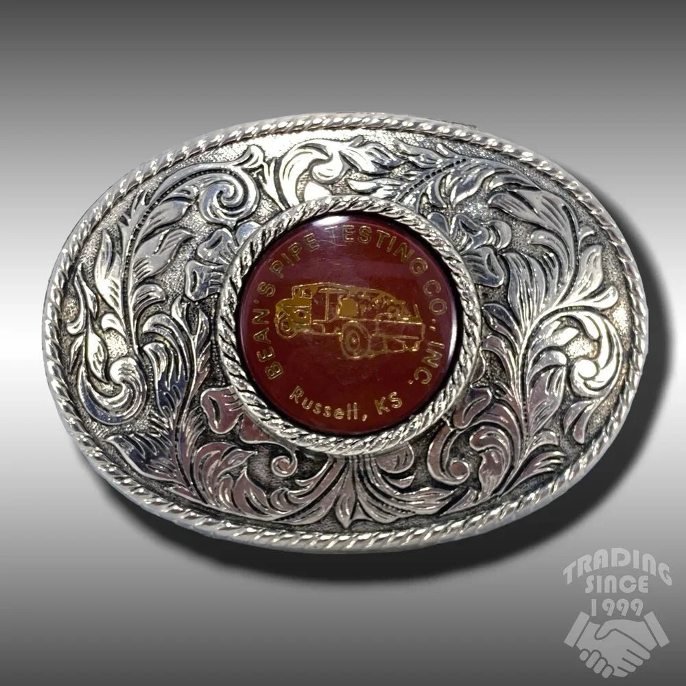 Belt Buckle Bean's Pipe Testing Co, Inc. Russell, Kansas Silver Color Oval Weste